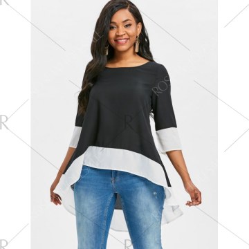 Color Block High Low Blouse - Black