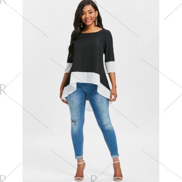 Color Block High Low Blouse - Black