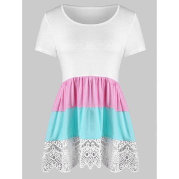 Color Block Lace Trim T-shirt - White