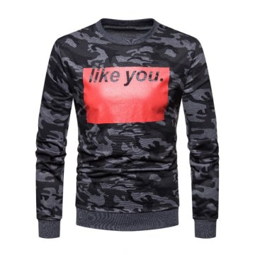 Color Block Letter Printed Camouflage Sweatshirt - Black