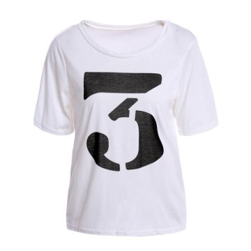 Color Block Retro Style Scoop Neck Figure Print Short Sleeve Women's T-Shirt - White One