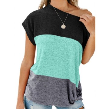 Color Block Skew Neck T-shirt - Celeste