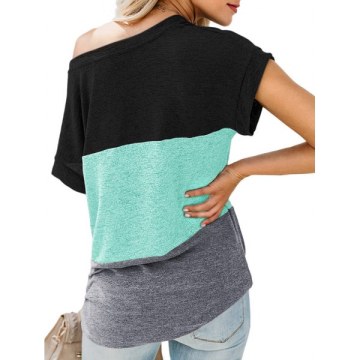 Color Block Skew Neck T-shirt - Celeste