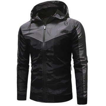 Color Block Zip Fly Outdoor Hooded Jacket - Black