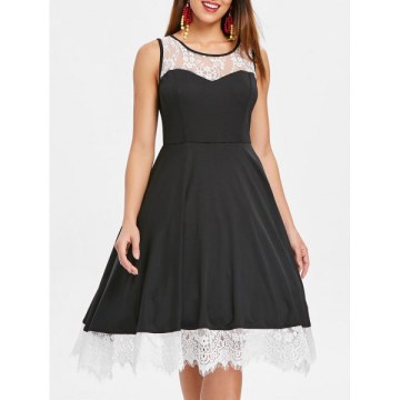 Color Trim Retro Sleeveless Flare Dress - Black
