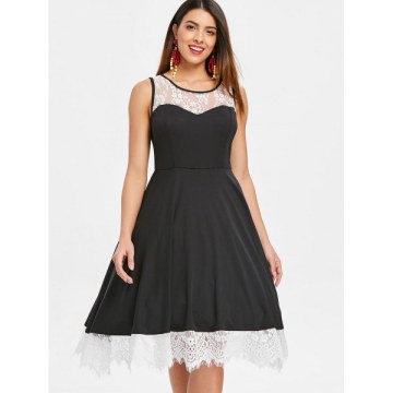 Color Trim Retro Sleeveless Flare Dress - Black