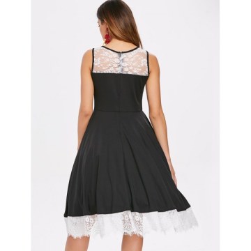 Color Trim Retro Sleeveless Flare Dress - Black