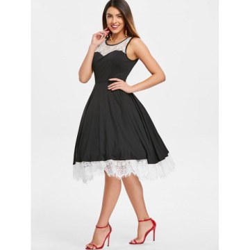 Color Trim Retro Sleeveless Flare Dress - Black