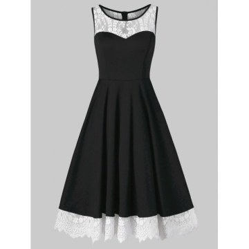 Color Trim Retro Sleeveless Flare Dress - Black