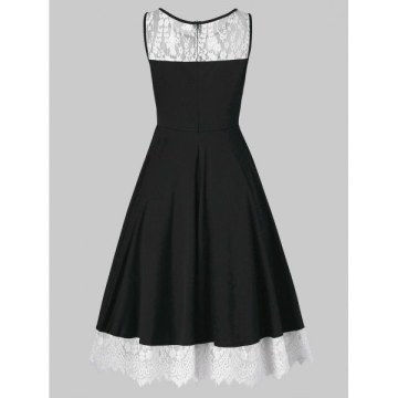 Color Trim Retro Sleeveless Flare Dress - Black