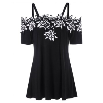 Contrast Lace Applique T-shirt - Black