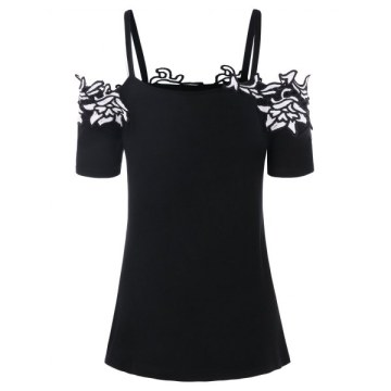 Contrast Lace Applique T-shirt - Black