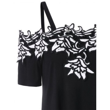 Contrast Lace Applique T-shirt - Black