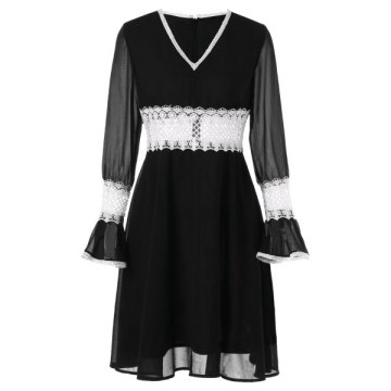Contrast Lace Insert  Chiffon Dress - Black