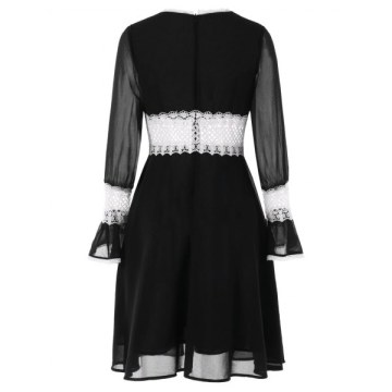 Contrast Lace Insert  Chiffon Dress - Black