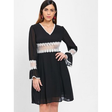 Contrast Lace Insert  Chiffon Dress - Black