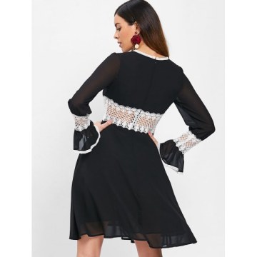 Contrast Lace Insert  Chiffon Dress - Black