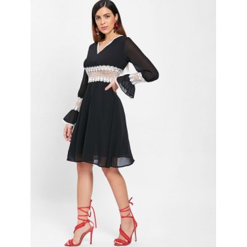 Contrast Lace Insert  Chiffon Dress - Black