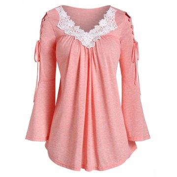 Contrast Lace Lace Up Bell Sleeve T-shirt - Pink