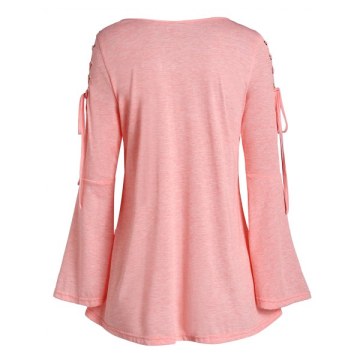 Contrast Lace Lace Up Bell Sleeve T-shirt - Pink