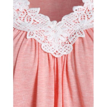 Contrast Lace Lace Up Bell Sleeve T-shirt - Pink
