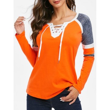 Contrast Lace Up V Neck Tee - Basket Ball Orange
