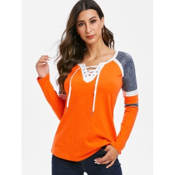Contrast Lace Up V Neck Tee - Basket Ball Orange