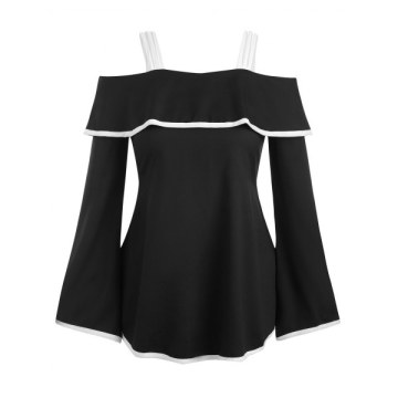 Contrast Piping Flounce Bell Sleeve Tunic Top - Black