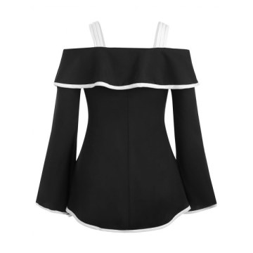 Contrast Piping Flounce Bell Sleeve Tunic Top - Black