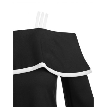 Contrast Piping Flounce Bell Sleeve Tunic Top - Black