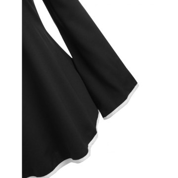 Contrast Piping Flounce Bell Sleeve Tunic Top - Black