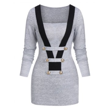 Contrast Square Collar Tunic Sweater - Gray Cloud