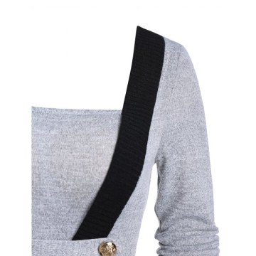 Contrast Square Collar Tunic Sweater - Gray Cloud
