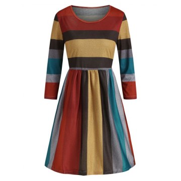 Contrast Striped Round Neck A Line Dress - ulti-c