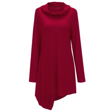 Cowl Neck Asymmetric Sweatshirt Dress - Red