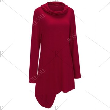 Cowl Neck Asymmetric Sweatshirt Dress - Red