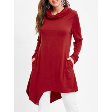 Cowl Neck Asymmetrical Pullover T Shirt - Red