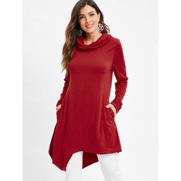 Cowl Neck Asymmetrical Pullover T Shirt - Red