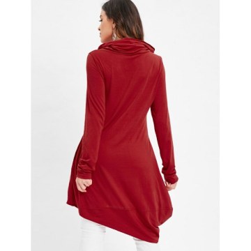 Cowl Neck Asymmetrical Pullover T Shirt - Red