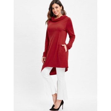 Cowl Neck Asymmetrical Pullover T Shirt - Red