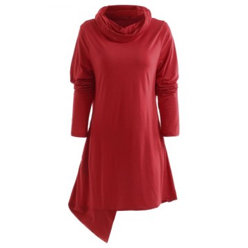 Cowl Neck Asymmetrical Pullover T Shirt - Red