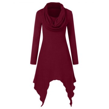 Cowl Neck Asymmetrical Tunic Dress - Red Wine