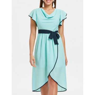 Cowl Neck High Waist Chiffon Tulip Dress - Blue Green