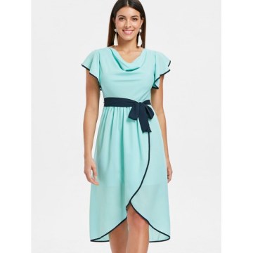 Cowl Neck High Waist Chiffon Tulip Dress - Blue Green