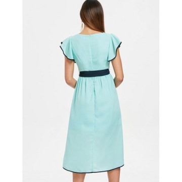 Cowl Neck High Waist Chiffon Tulip Dress - Blue Green