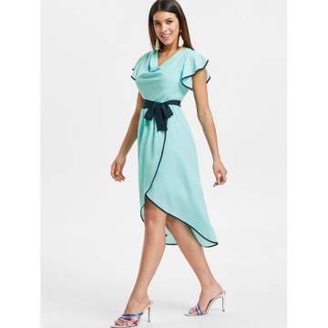 Cowl Neck High Waist Chiffon Tulip Dress - Blue Green