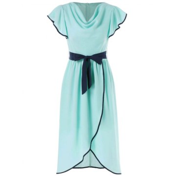 Cowl Neck High Waist Chiffon Tulip Dress - Blue Green