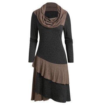 Cowl Neck Long Sleeve Contrast Heathered Layered Dress - Dark Gray