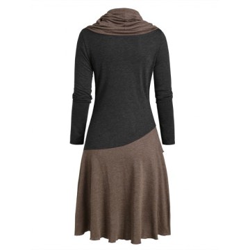 Cowl Neck Long Sleeve Contrast Heathered Layered Dress - Dark Gray