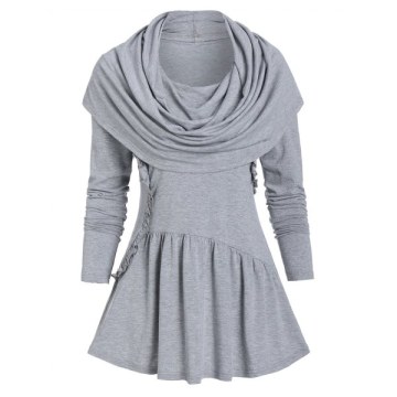 Cowl Neck Ruffled Flounce T Shirt - Gray